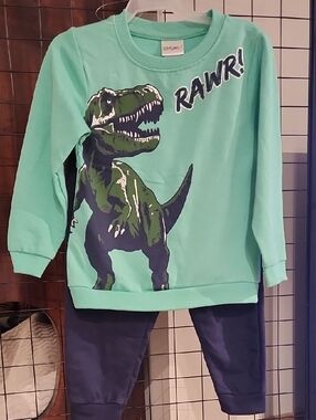 Kidgets Mint Green Kids Dino Shiny Silver Graphic Sweatshirt 2pc Set